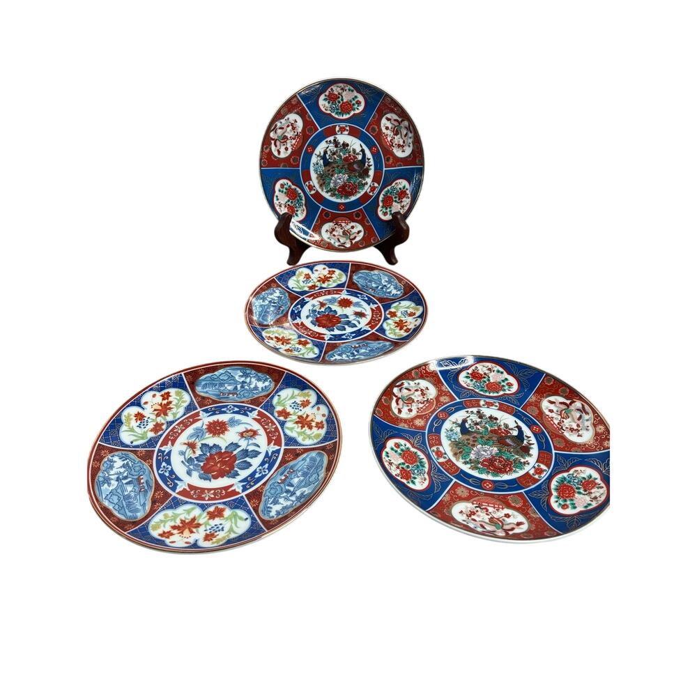 Vintage Set of Four (4) Imari Style Plates Japan 6" Cosmos Floral Peacocks